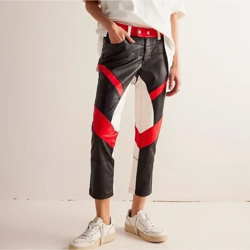 Free People We The Free Color Block Rebel Pant Black Red White Faux Leather NWOT